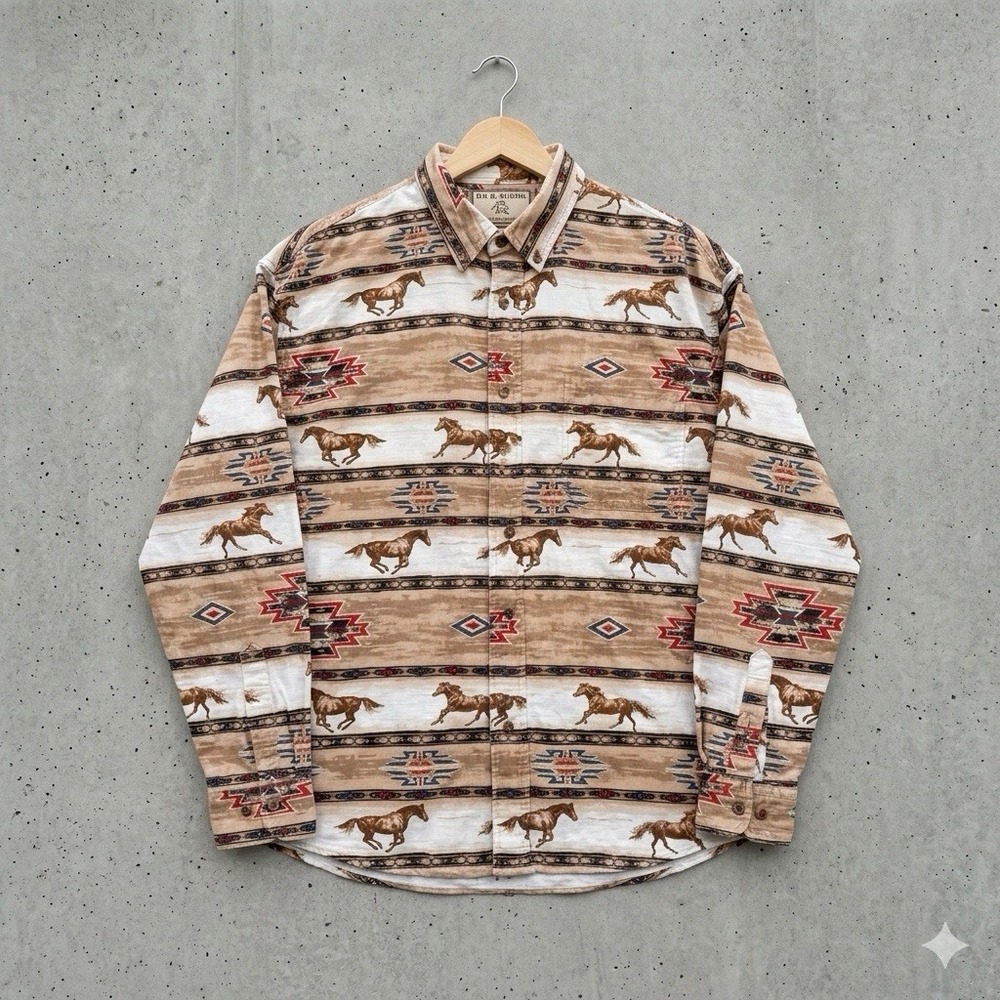 VTG Bit & Bridle Southwestern Horse Print Shirt Men's XL Cotton Aztec Western